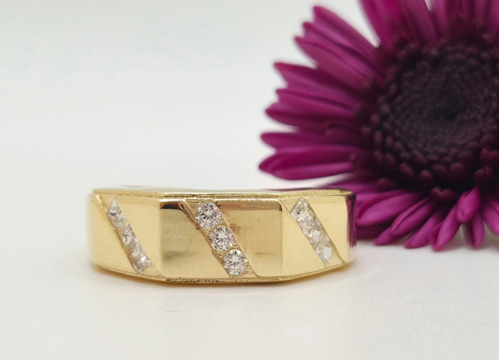 14KT CZ TRIPLE DIAGONAL SATIND WEDDING BAND MEN'S RING Size 7 Weight 4.4GR