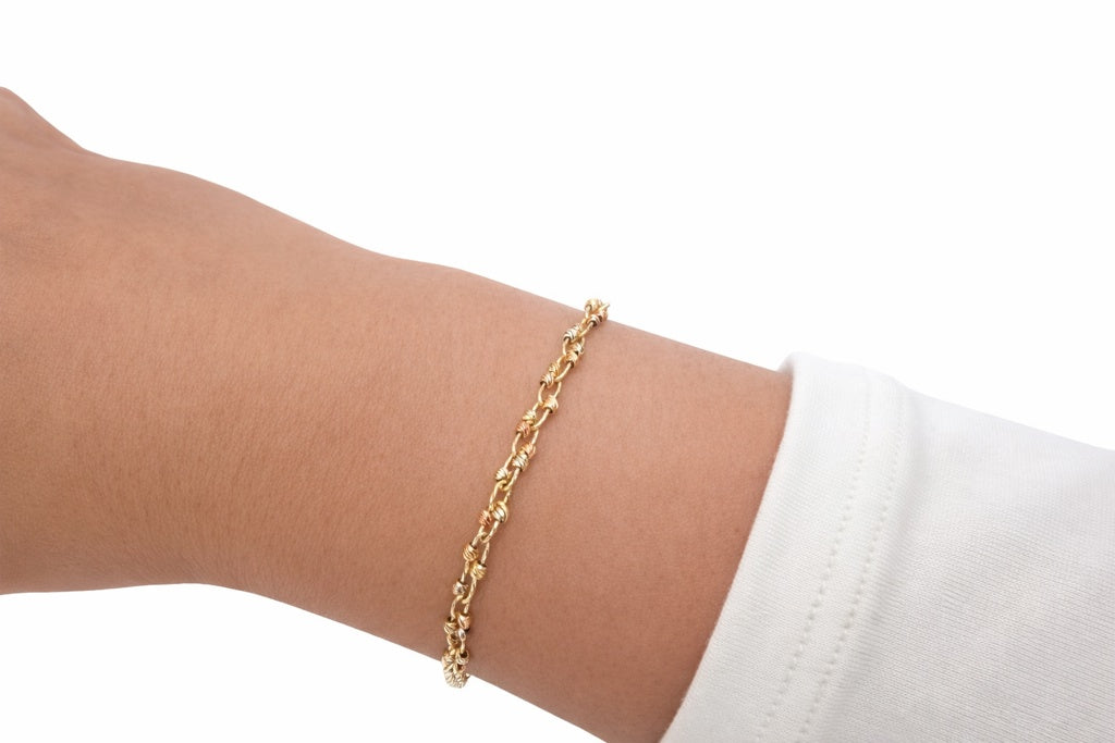 14KT DELICATETHREE TONE DETAILS SMALL BALLS DC BRACELET Size 7.5/8.5INCH Weigth 3.2GR