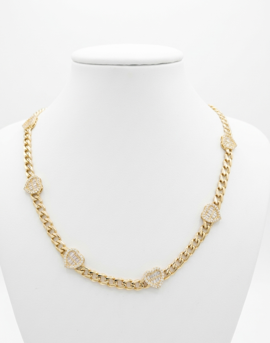 10KT ELEGANT BAGUETTE HAERTS MONACO STYLE NECKLACE Size 18INCH 5MM Weigth 13.8GR