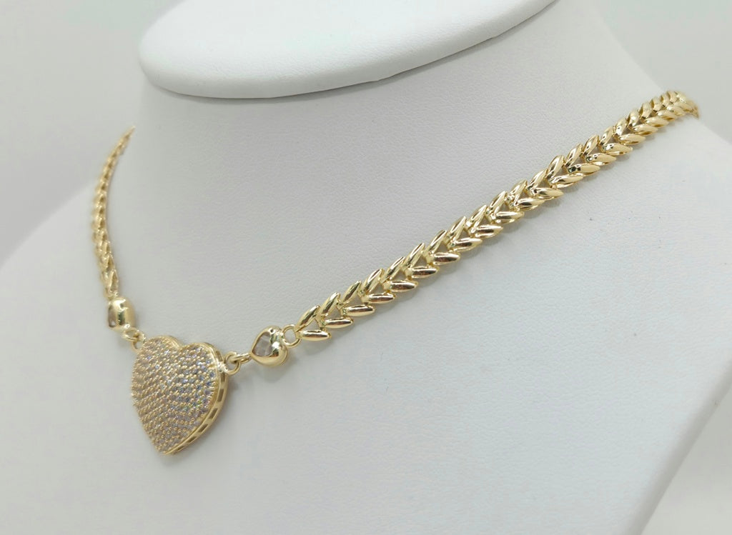14KT CZ HEART LEAVES LINK NECKLACE Size 18INCH Weight 12.4GR