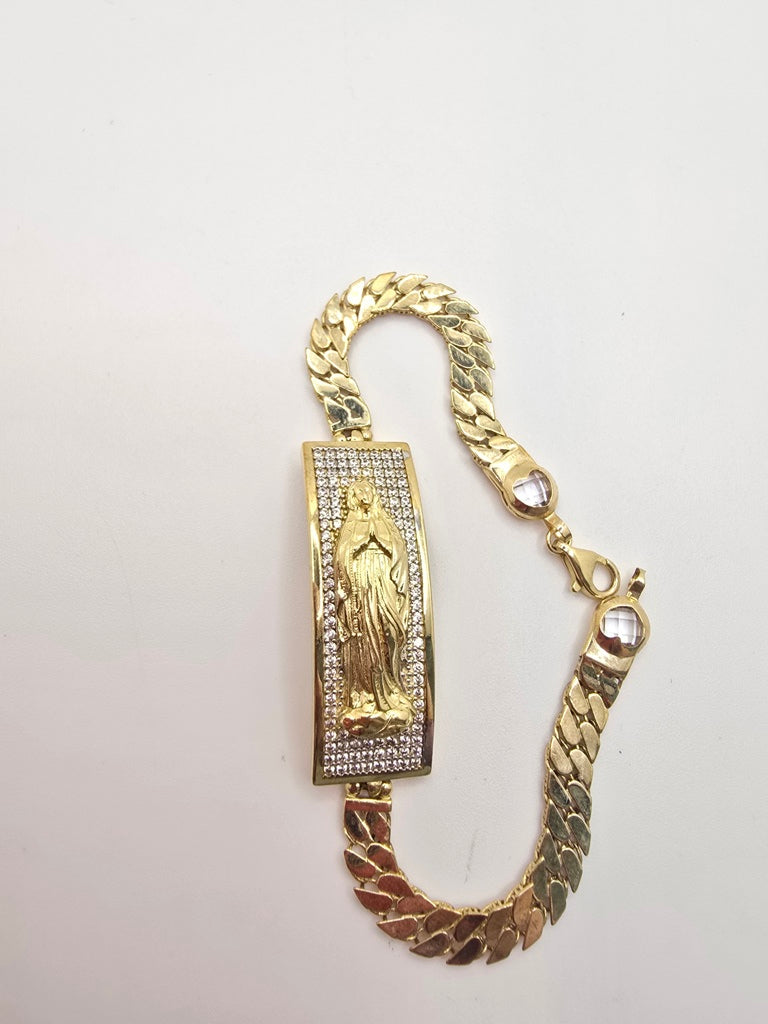 10KT FLAT CURB LINK BRACELET WITH VIRGIN MARY Size 7INCH 5.5MM Weight 11GR