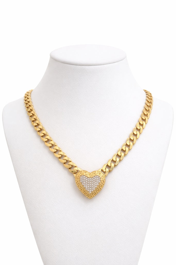 10KT GREEK DESIGN FRAME MEDIUM HEART MONACO STYLE NECKLACE Size 18INCH 7MM Weigth 18.7GR