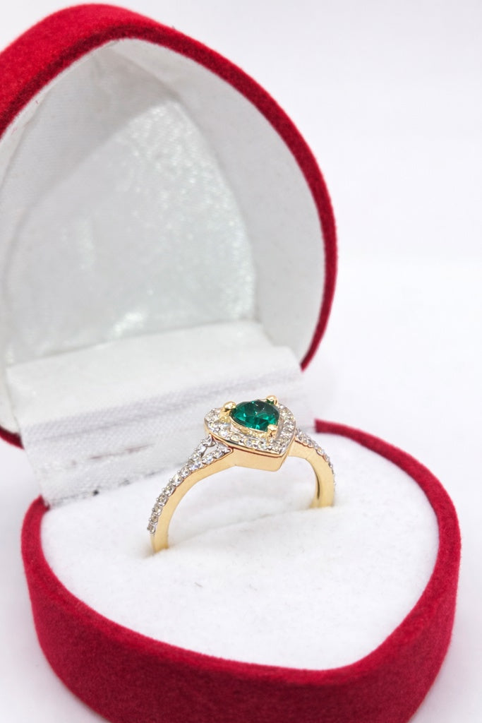 14KT NATURAL DIAMOND AROUND HEART LAB ESMERALD ELEGANT RING Size 7/0.62CT/2.79GM