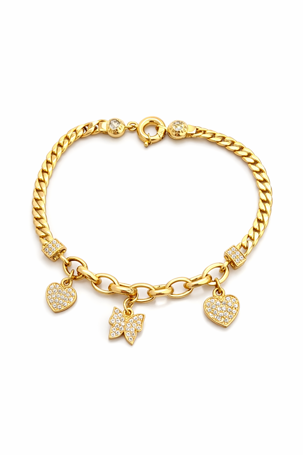 10KT SMALL CZ HEARTS AND BUTTERFLY BRACELET Size 7INCH  Weigth 7GR