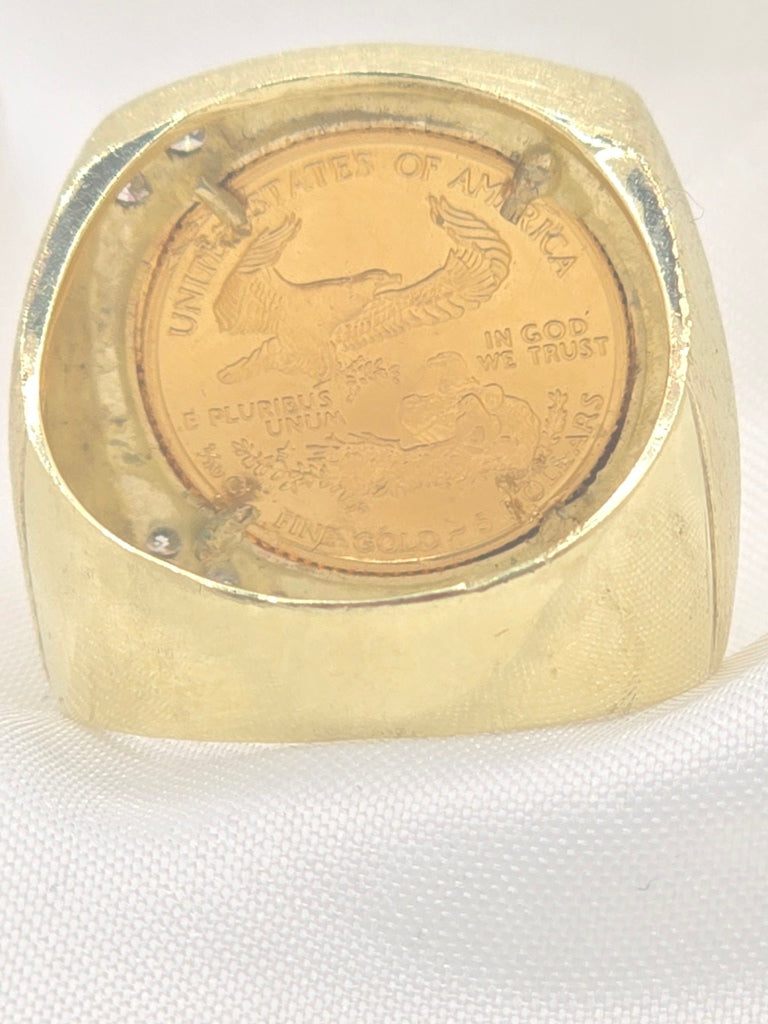 2004 22K AMERICAN GOLD EAGLE COIN 1/10 OUNCE FILIGREE 10KT YG DIAMOND RING Size 10.5 Weight 14.2 GRS
