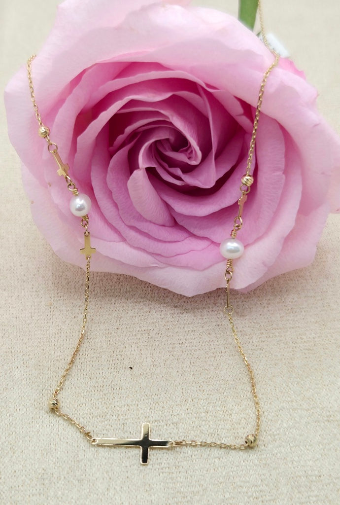 14KT DELICATE WHITE PEARL AND CROSS CHAIN 18INCH 1MM WEIGHT 2.39GR