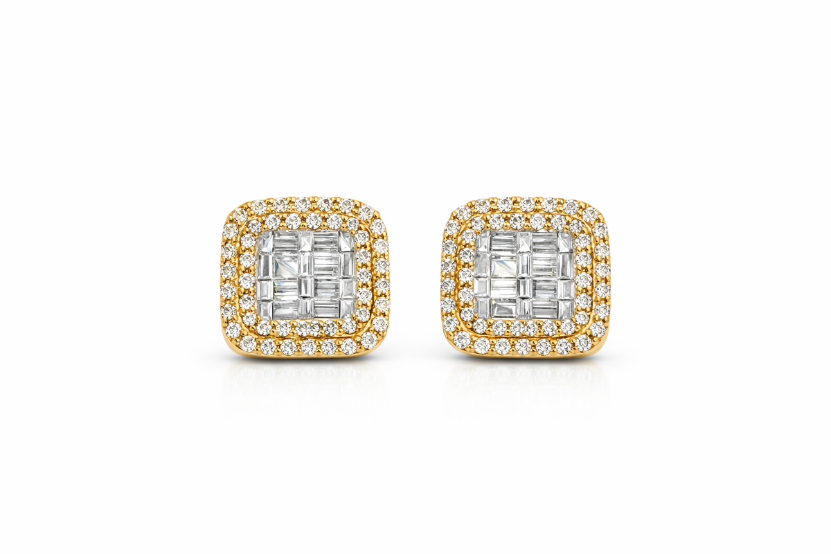 14KT ELEGANT SQUARE NATURAL DIAMOND EARRINGS TWO TONE DETAIL