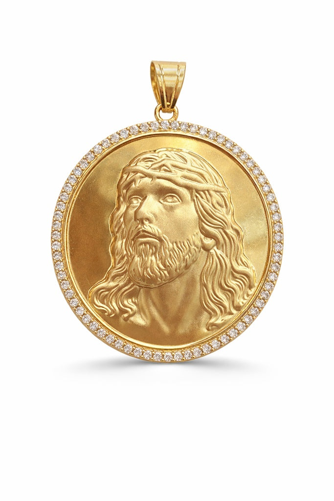 10KT ROUND MEDALLION JESUS FACE PENDANT CZ BEZEL Size 42MM Weigth 4.3GRS