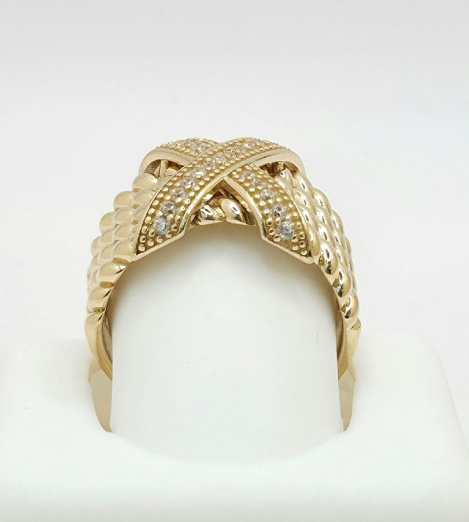 14KT MODERN LARG CZ "X" RING Size 8 Weight 7GR