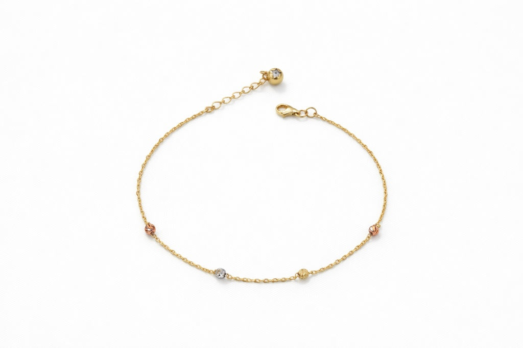 14KT DELICATE THREE TONE SMALL BALLS DETAILS BRACELET Size 8/9INCH Weigth 2.1GR