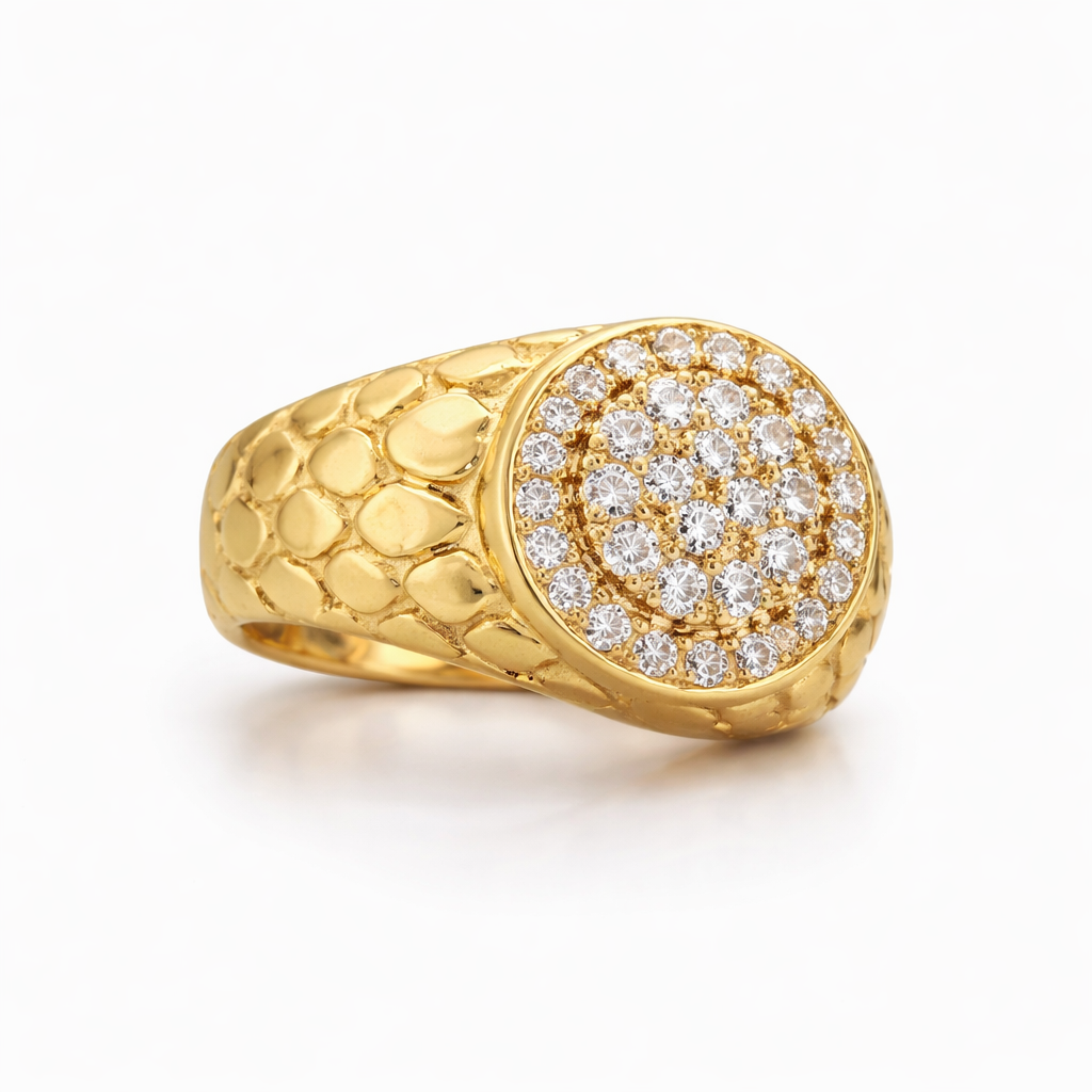 14KT EXOTIC NUGGET DESIGN CZ ROUND RING Size 10  Weigth 7.6GR