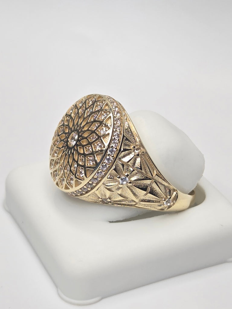 14KT MANDALA DESIGN SMALL ROSETTA MAN'S RING Size 12 Weigth 5.3GR