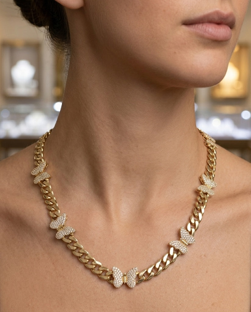 14KT CZ BUTTERFLYS MONACO STYLE NECKLACE Size 18INCH 7MM Weight 28GR