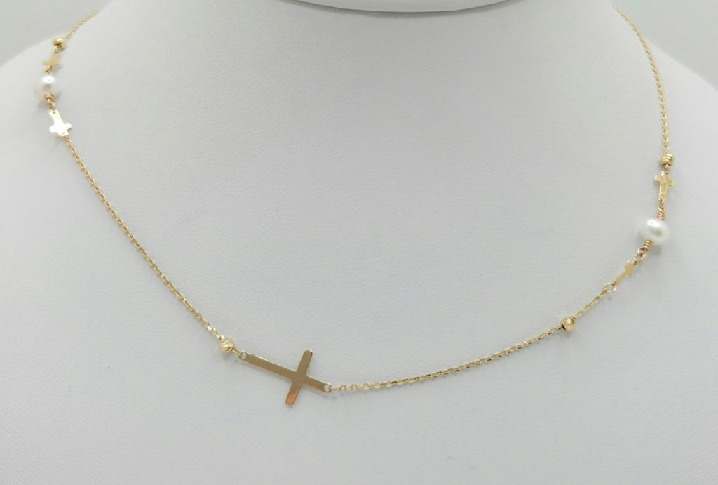 14KT DELICATE WHITE PEARL AND CROSS CHAIN 18INCH 1MM WEIGHT 2.39GR