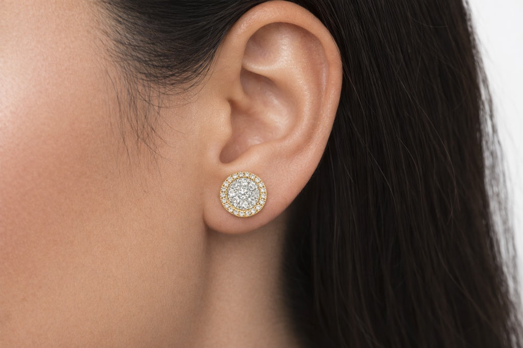 14KT ELEGANT ROUND NATURAL DIAMOND EARRINGS TWO TONE DETAIL