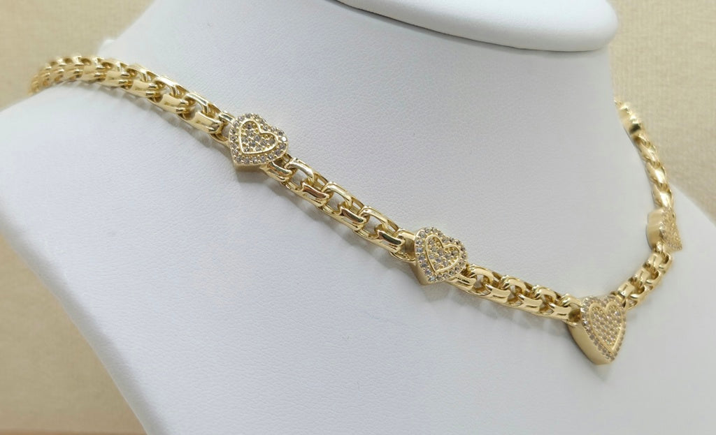 10KT CHINO LINK CZ SMALL HEARTS NECKLACE  Size 16INCH 5MM Weight 21GR