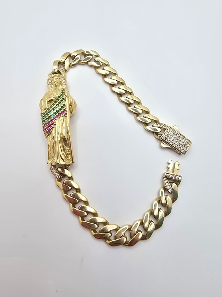 10KT MONACO STYLE BRACELET WITH SAN JUDAS Size 7.5INCH 7.5MM Weight 12.2GR
