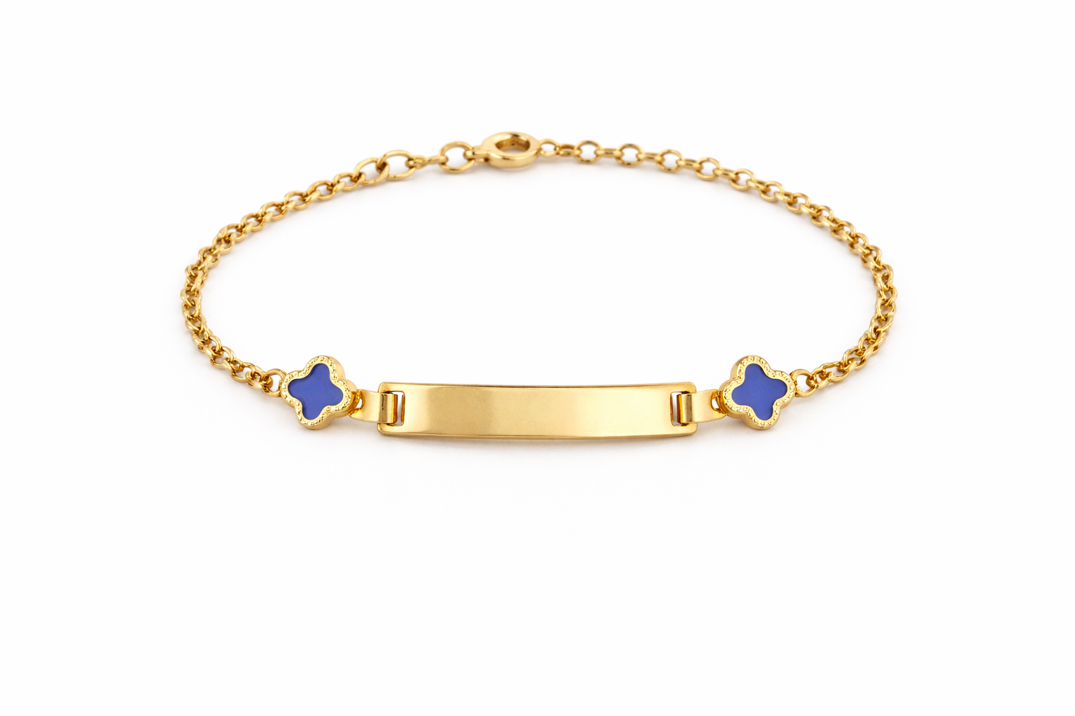 10KT ROLO WITH SMALL BLUE CLOVER BABY ID BRACELET Size 5.5INCH 2MM Weight 1.3GR