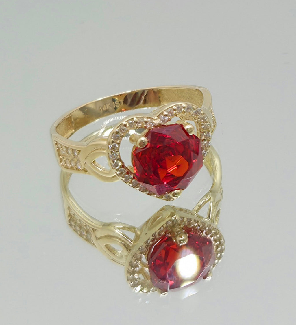 14KT ELEGANT HEART RING WITH RED STONE Size 7 & 8 Weight 3.4GR