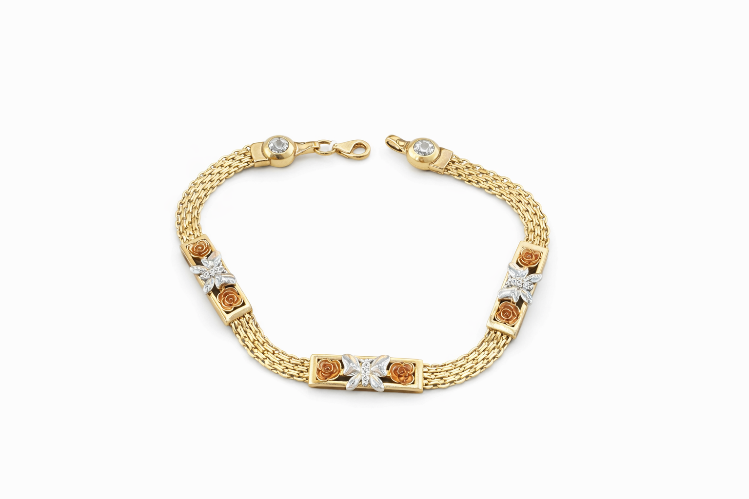 10KT TWO TONE BUTTERFLY AND ROSES BISMARK BRACELET Size 7INCH  Weigth 6.3GR