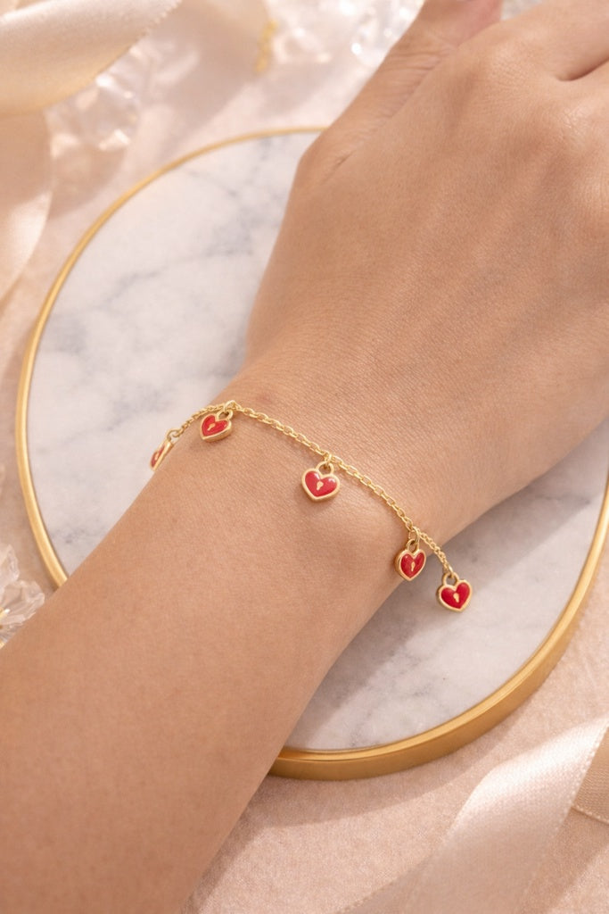 14KT SMALL RED HEART DANGLING BRACELET Size 7-8INCH  Weigth 3.9GR