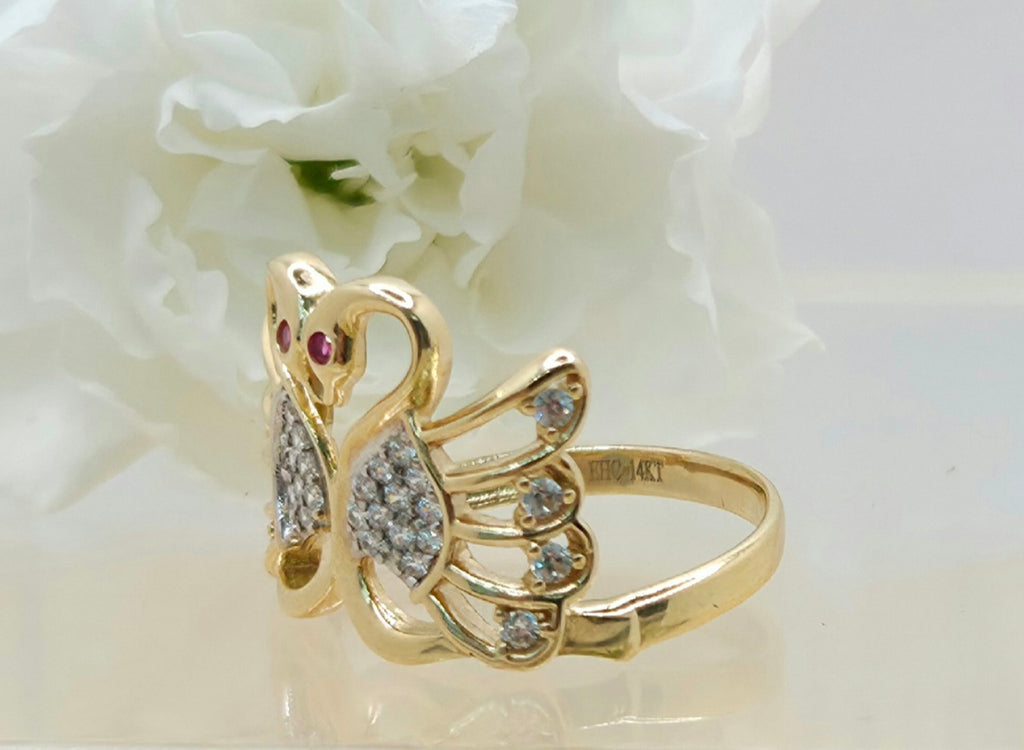 14KT DELICATE TWO SWAN WOMAN'S RING Size 7 Weight 3.3GR