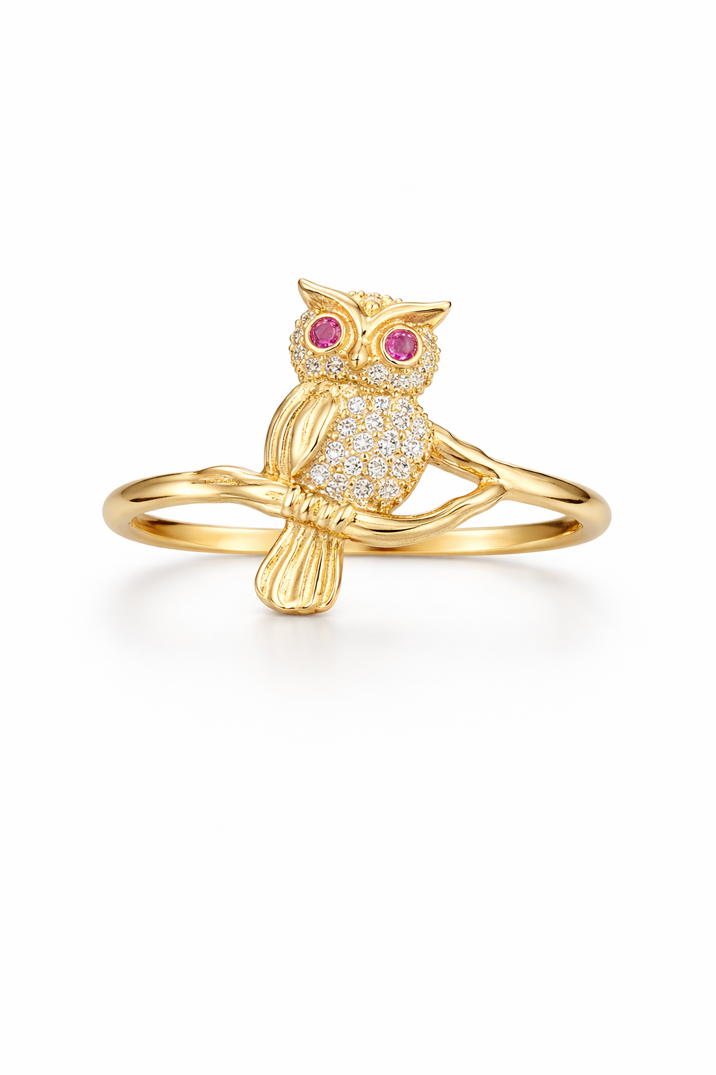 14KT CUTE OWL RING WITH PINK EYES AND DETAILS OF CZ SIZE 8.5 Weight 3.2GR