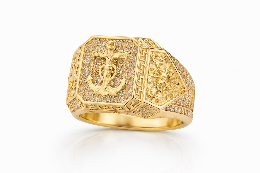 14KT CZ BACKGROUND ANCHOR RING WITH GREEK FRAME Size 12 Weigth 6.7GR