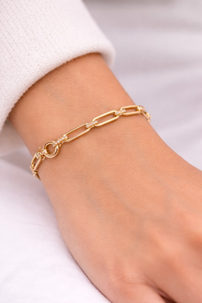 14KT MODERN CZ DETAIL PAPER CLIP BRACELET Size 7.5INCH 5.5MM Weigth 6.2GR