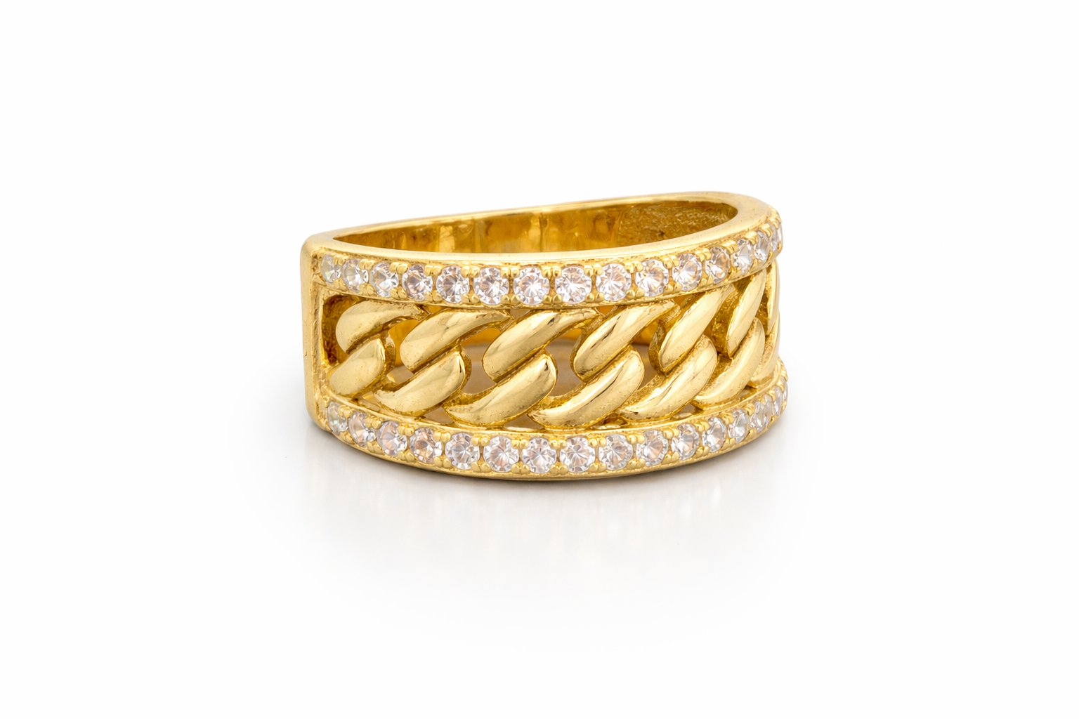 10KT CZ BORDER CUBAN BAND RING Size 10.5 11.5MM Weigth 7.30GRS
