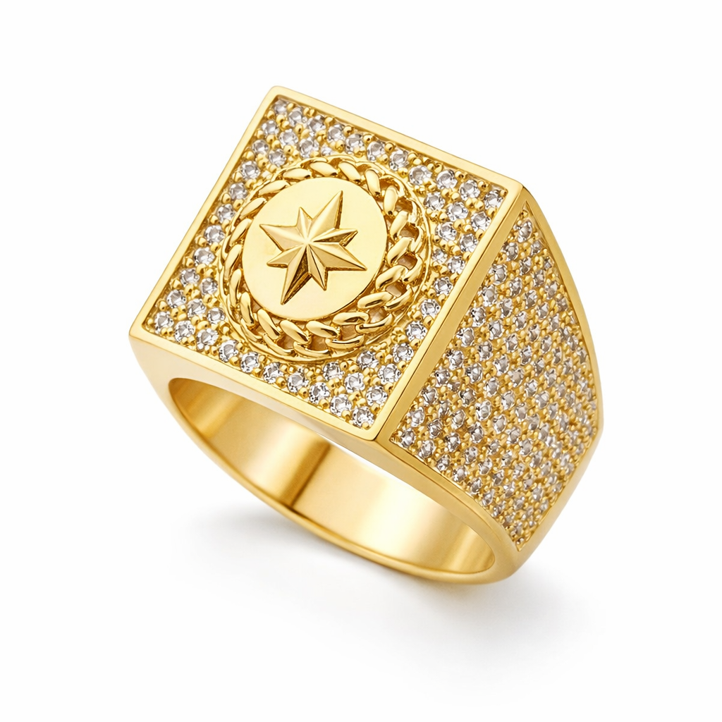 14KT MODERN CZ BACKGROUND START AND CHAIN DETAILS MAN'S RING Size 12.5 Weigth 7.6GR