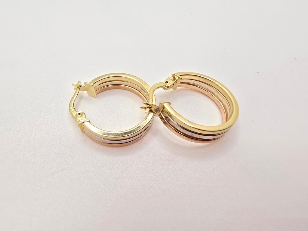 14KT MEDIUM ROUND THREE TONE TRIPLE HOOPS EARRINGS Weight 2.2GR