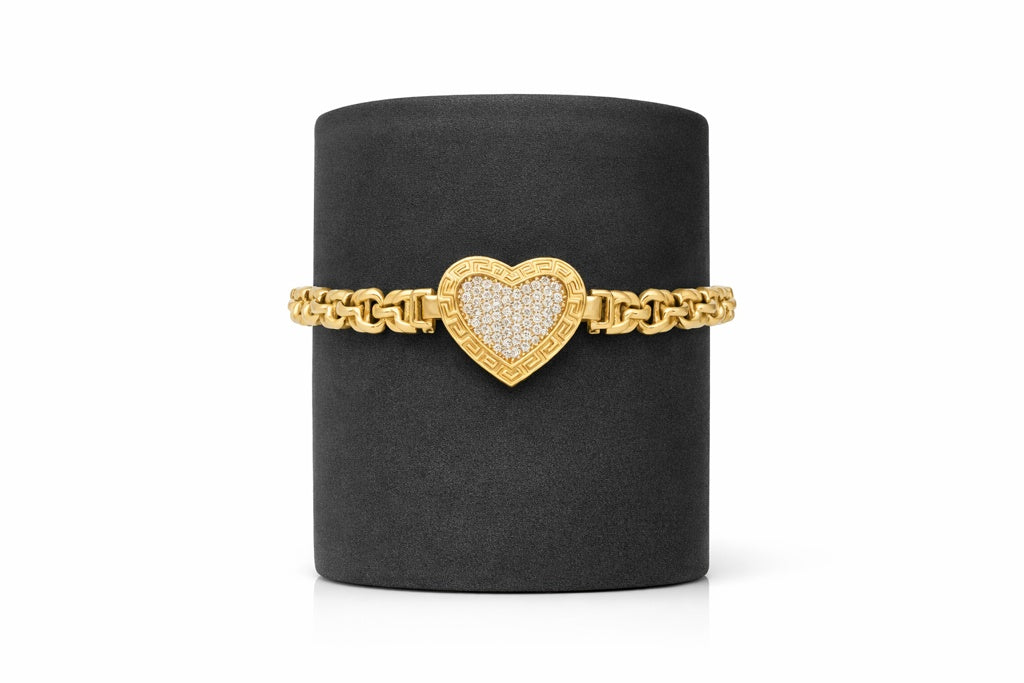 10KT CHINO LINK STYLE GREEK FRAME SMALL HEART BRACELET Size 7.5INCH 5MM Weigth 6.6GR