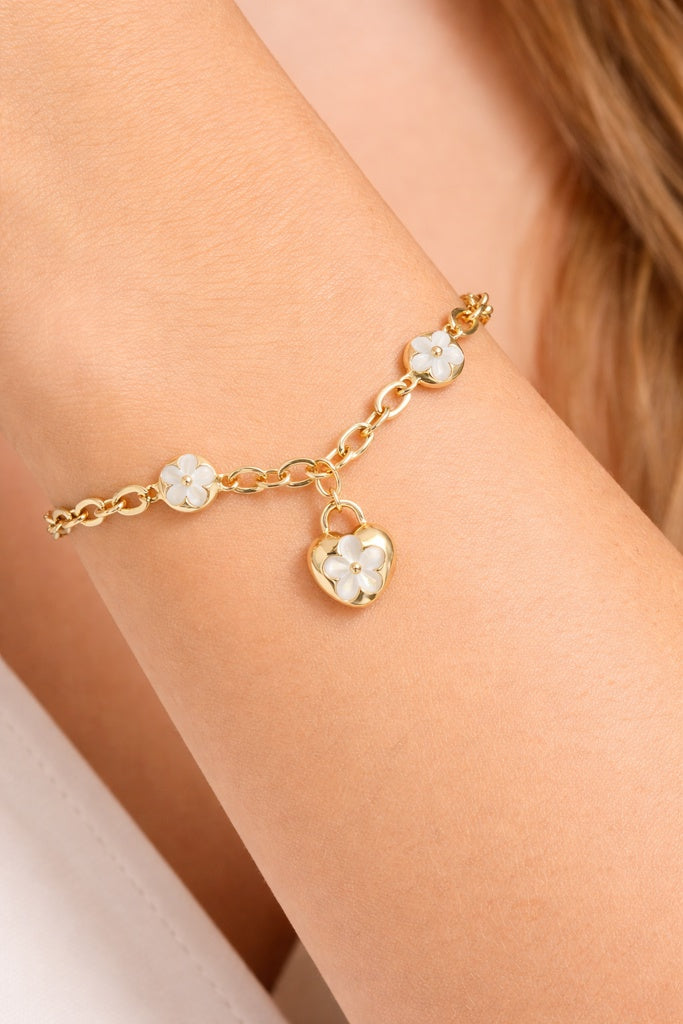 10KT PERL FLOWER AND LOCK HOLLOW ROLO BRACELET Size  Weigth