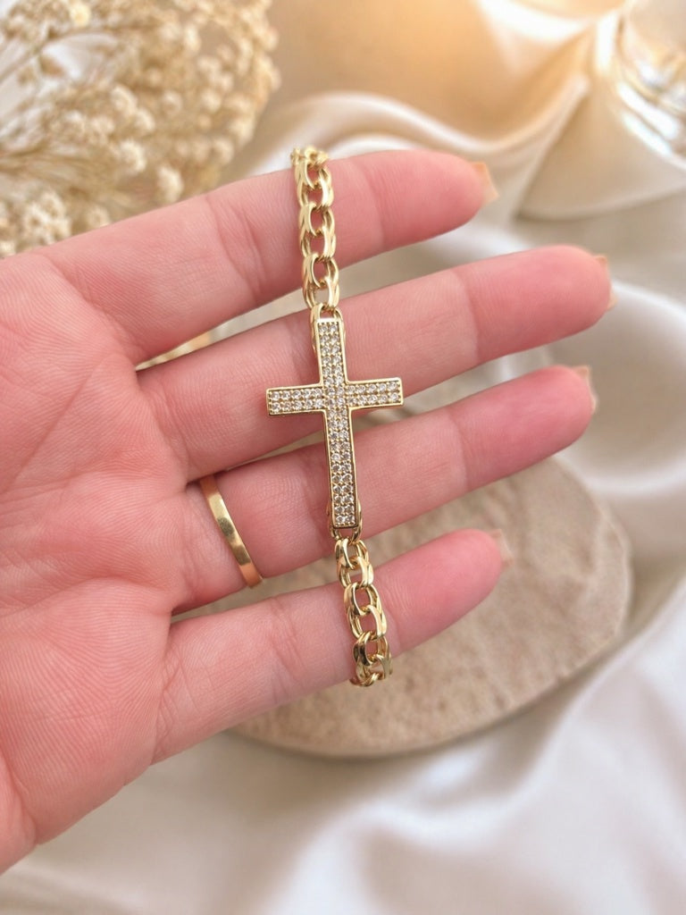 10KT CZ CROSS CHINO LINK BRACELET Size 7.5INCH  Weigth 6.8GR