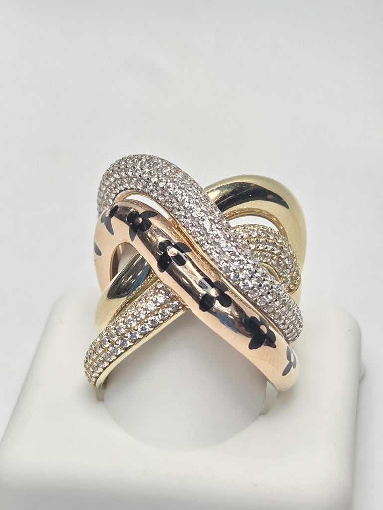 10KT EXOTIC YELLOW AND ROSE GOLD DETAIL LUXURY STYLE WOMAN'S RING Size 7 Weigth 12.1GR