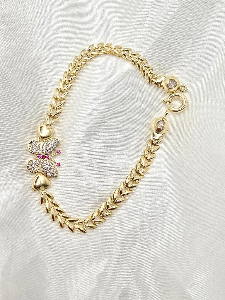 14KT CZ BUTTERFLY LEAF DESIGN LINK BRACELET Size 8INCH Weight 6.1GR