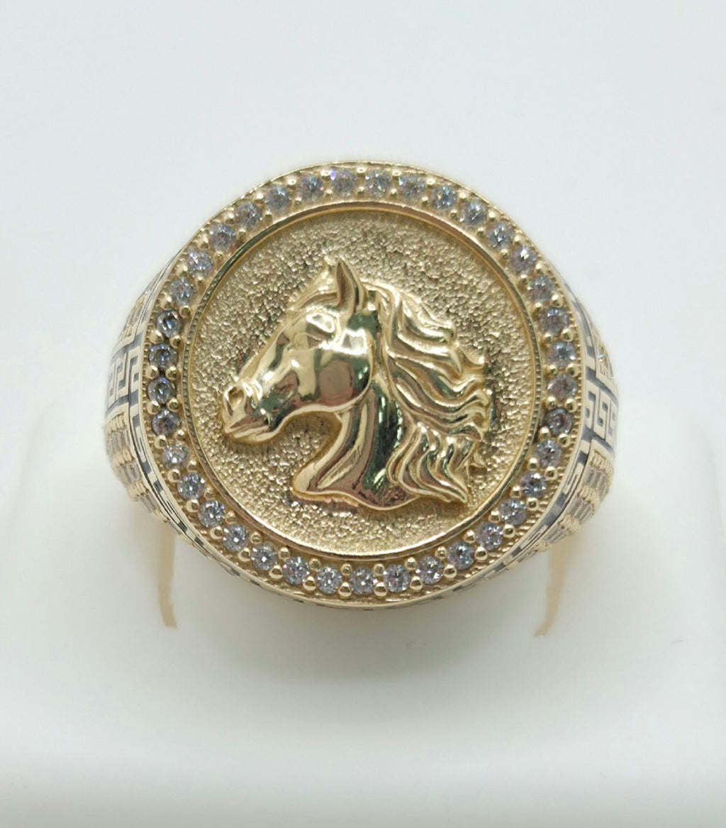 14KT CZ ROUND FACE HORSE RING GREEK DETAIL Size 11 Weight 9.4GR