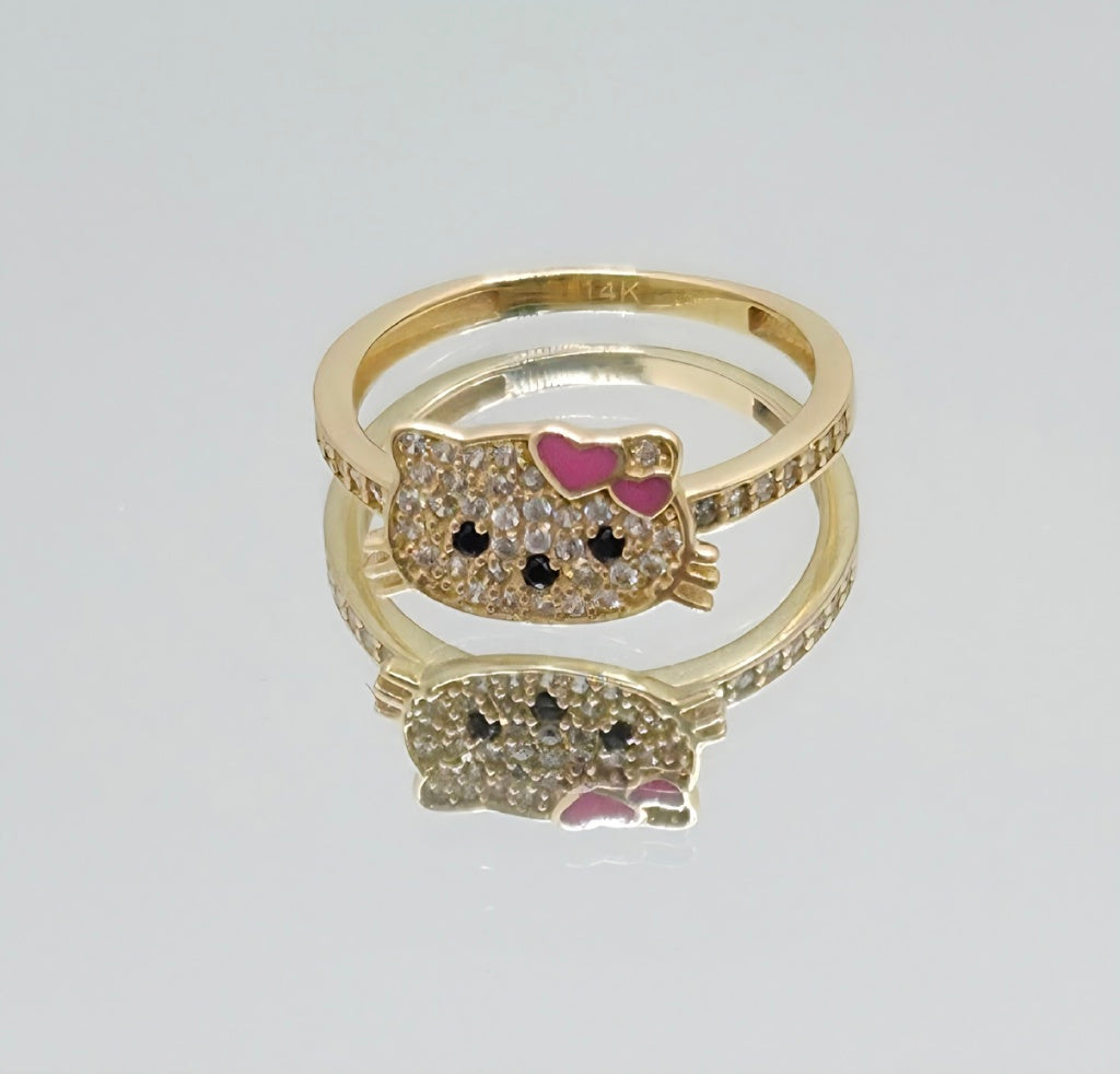14KT DELICATE CZ HELLO KATTY FACE RING Size 7 Weight 2GR