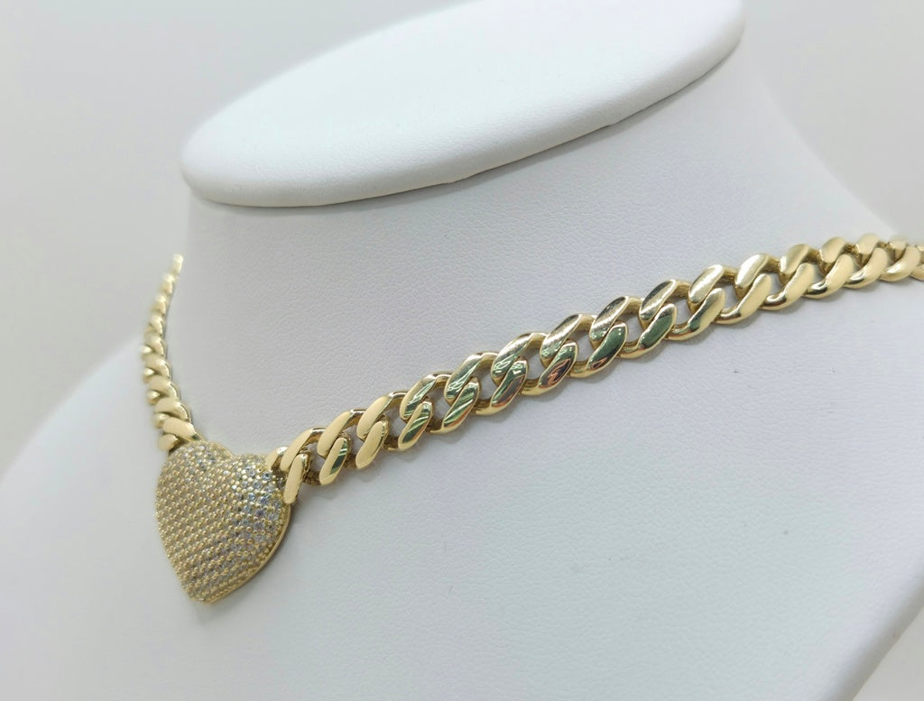 14KT CZ HEART MONACO STYLE NECKLACE Size 16INCH 7MM Weight 23GR