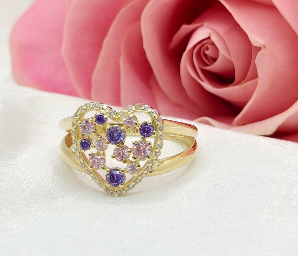10KT PURPLE AND PINK STONES HEART RING CZ Size 8 Weight 2.6GR