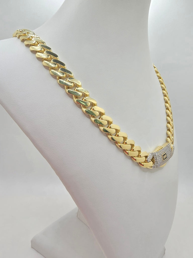 10KT CZ LOCK CERTIFIED MONACO CHAIN 9.5MM 22IN 26.8GRS