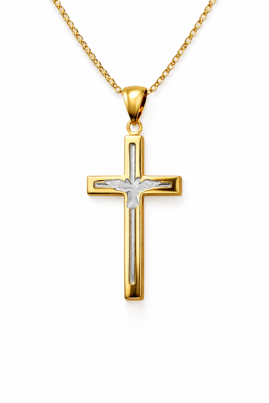 14KT YELLOW GOLD CROSS PENDANT WITH WHITE GOLD DOVE DESIGN INSIDE Weigth 1.2GR