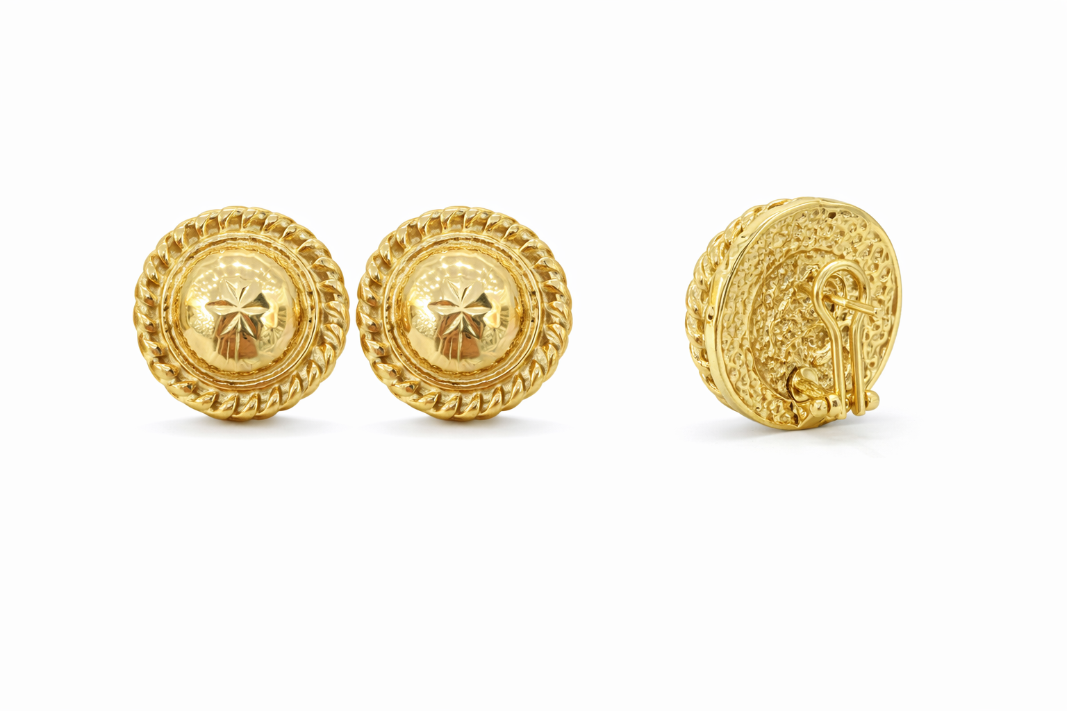 10KT VINTAGE CHUNKY AND FLAT DESIGN OMEGA BACK ROUND EARRINGS  Weigth 5.8GR