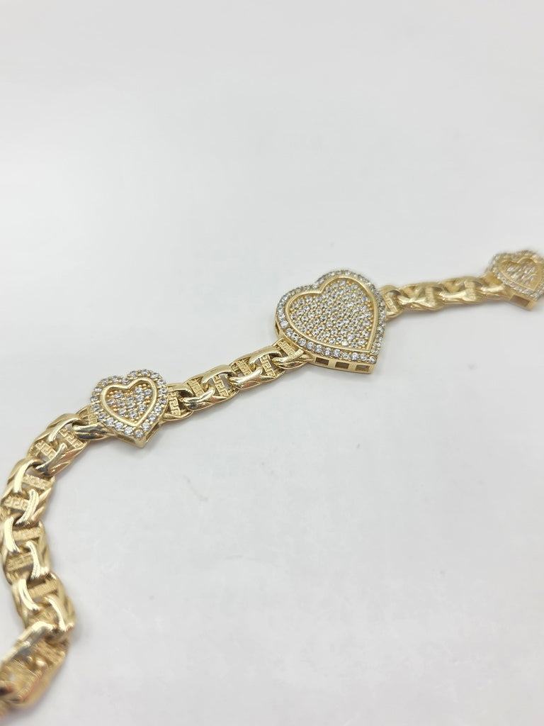 10KT CHINO LINK TRHEE CZ HEART BRACELET Size 7INCH 5MM Weigth 8.6GR
