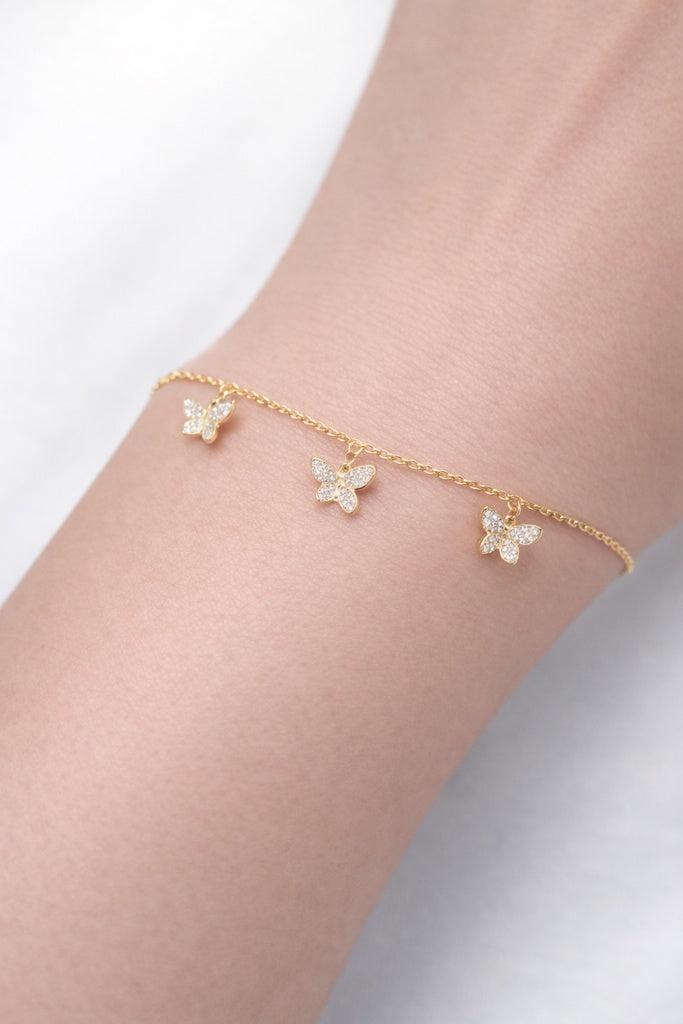 14KT YELLOW GOLD NATURAL DIAMOND 1.13CT 3 BUTTERFLYS BRACELET  18IN 6.32GRS