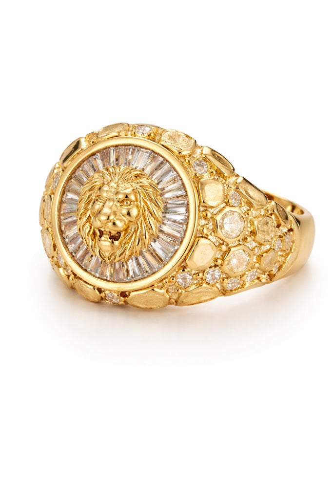 14KT BAGUETTE AROUND LION FACE NUGGETS DETAIL RING Size 10 Weigth 6.7GR