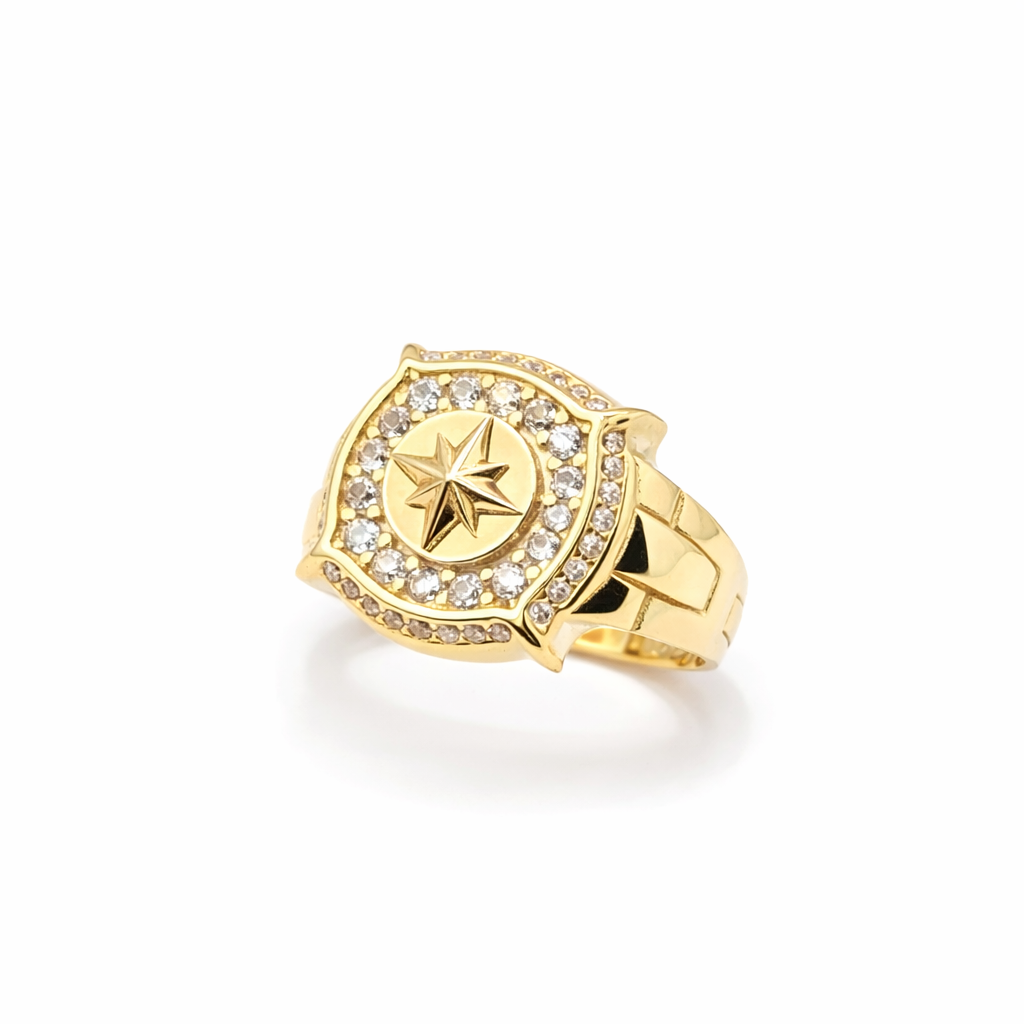 14KT CZ BACKGROUND COMPASS ROSE MAN'S RING Size 8.5 Weigth 3.5GR