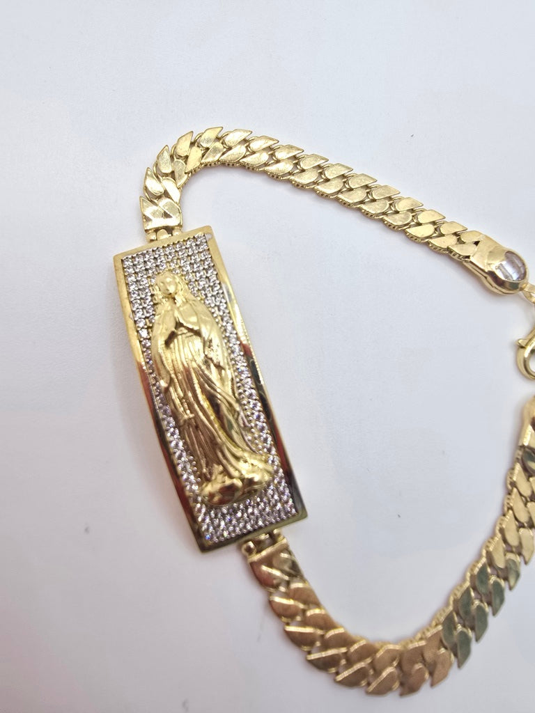 10KT FLAT CURB LINK BRACELET WITH VIRGIN MARY Size 7INCH 5.5MM Weight 11GR