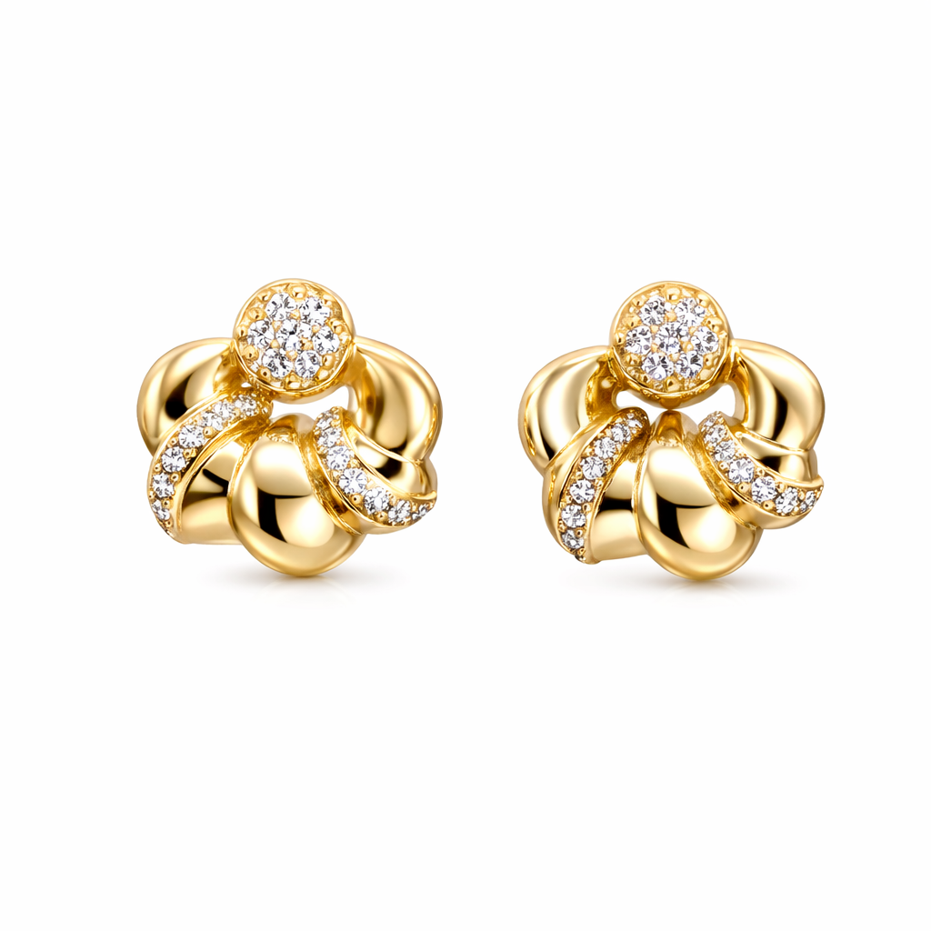 10KT  MODERN CZ DETAILS KNOT OMEGA BACK EARRINGS  Weigth 3.2GR